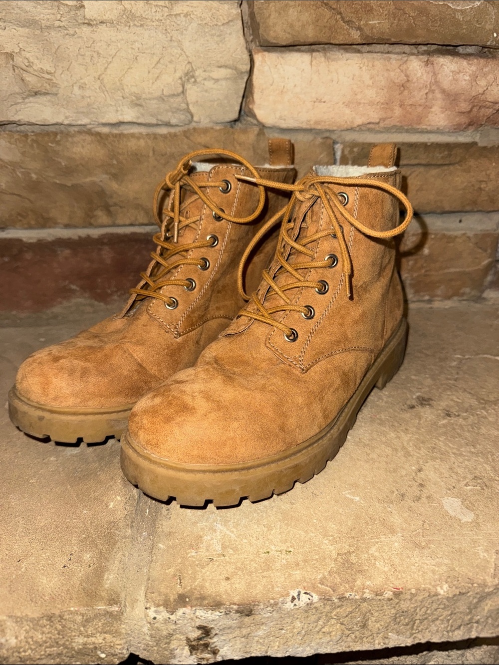 H&M Women's Suede Lace-Up Combat Boots in Chestnut